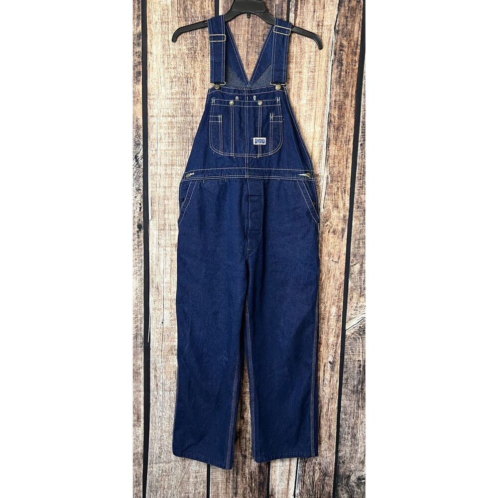 Big Smith Bib Overalls Dark Blue Jean Denim Carpenter Size 36x29 Leather Patch